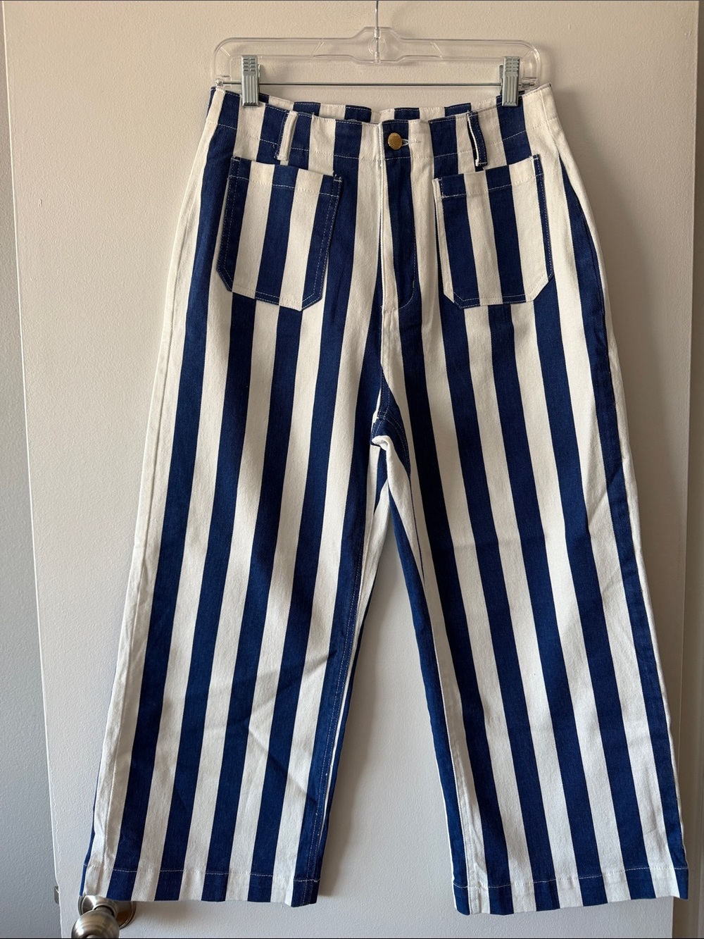 NWOT Tankaneo Striped High Rise Wide Leg Cropped Jeans Navy White Sailor Size 10